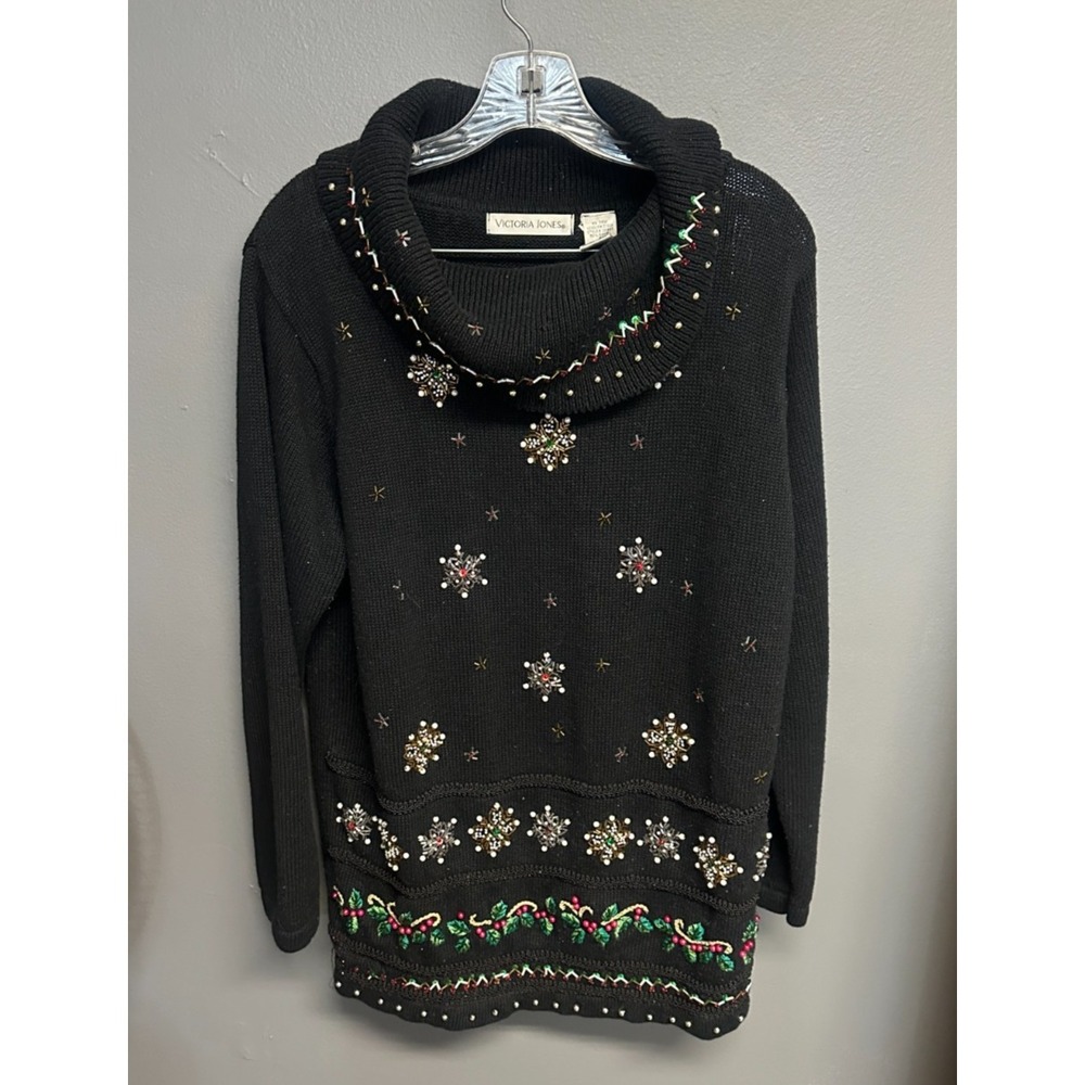 Vintage Victoria Jones Size S Christmas Sweater Beaded Cowlneck Snowflake Black